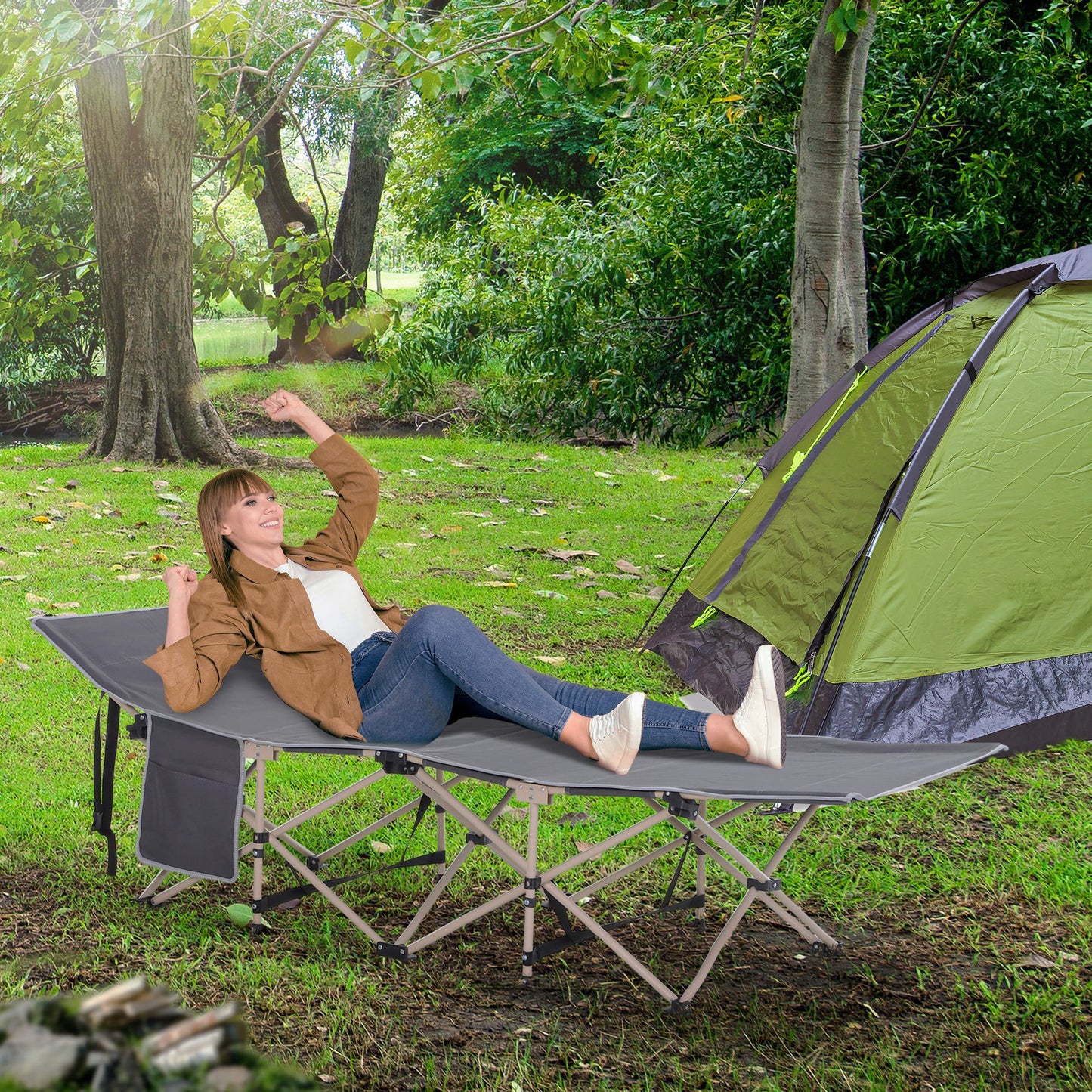 Outsunny Single Person Folding Camping Cot Portable Camp Sleeping Bed With Carry Bag