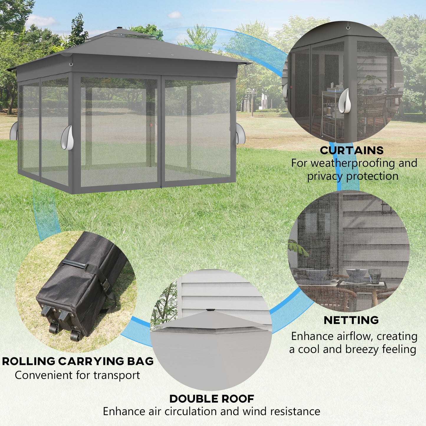 Outsunny 3 x 3(m) Pop Up Gazebo Party Tent with Solar-Powered LED Lights, Adjustable Event Shelter with Curtain, Netting, Grey