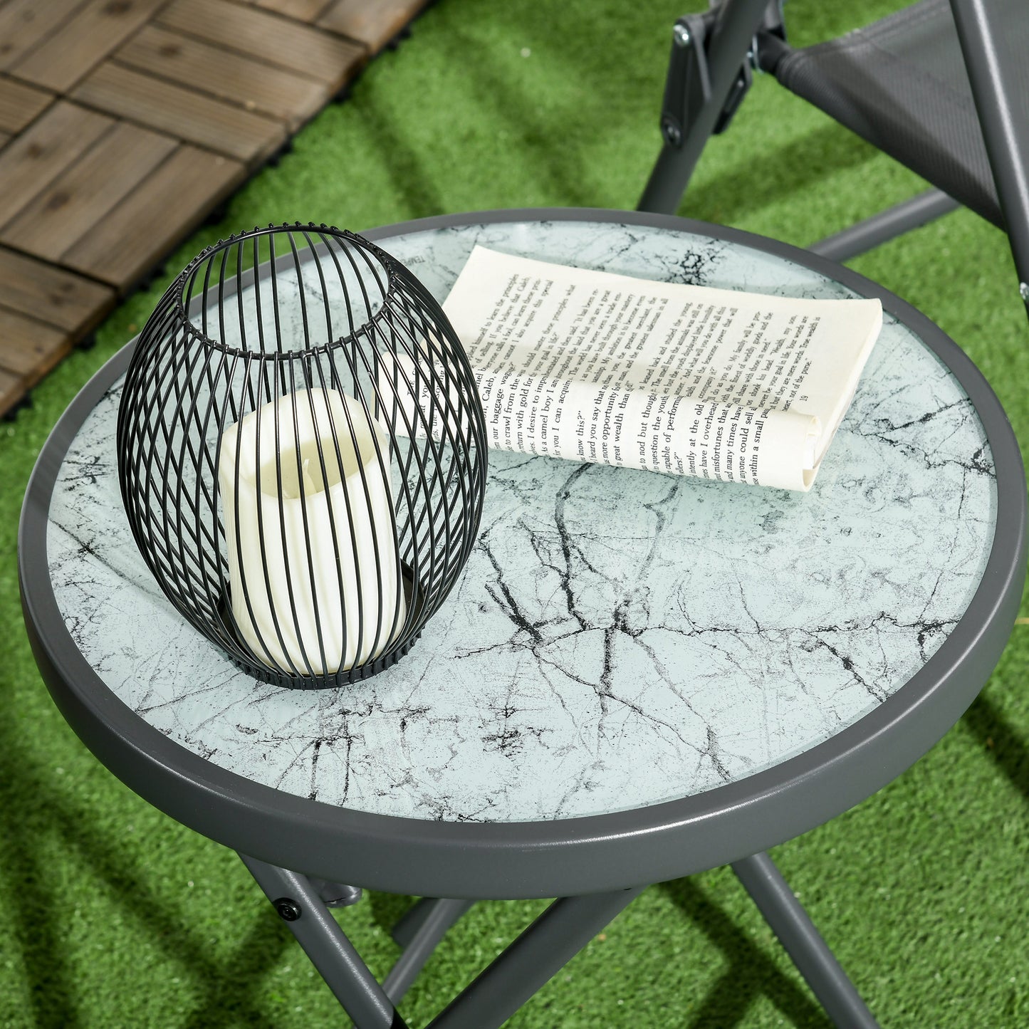 Outsunny Φ45cm Outdoor Side Table, Round Folding Patio Table with Imitation Marble Glass Top, Small Coffee Table, White