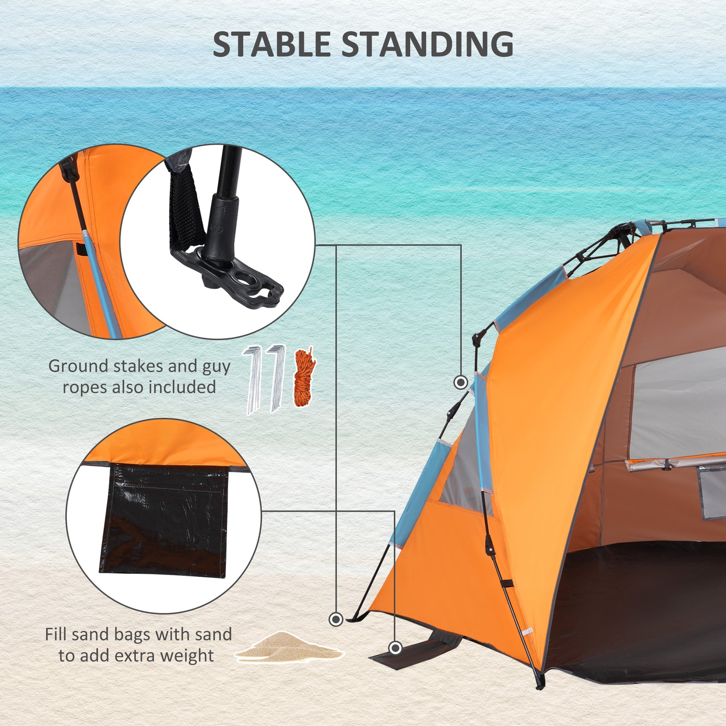 Outsunny Pop Up Beach Tent, Easy Set Up Sun Shelter, Portable Instant Beach Canopy w/ Extended Porch, Sandbags, Mesh Screen Windows for 1-2 Person
