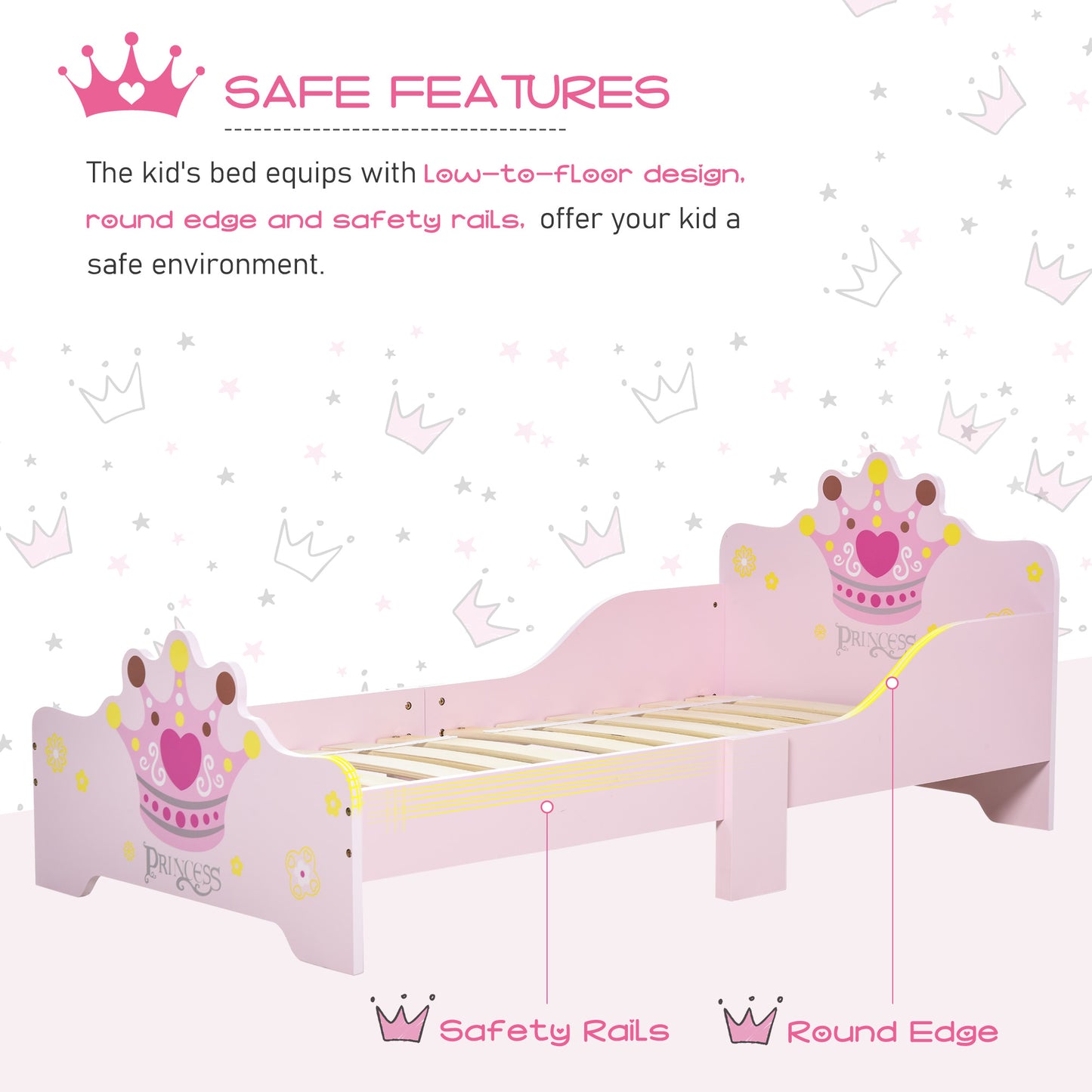 Kids Wooden Bed with Crown Modelling Safety Side Rails Easy to Clean Perfect Gift for Toddlers Girls Age 3 to 6 Years Old Pink