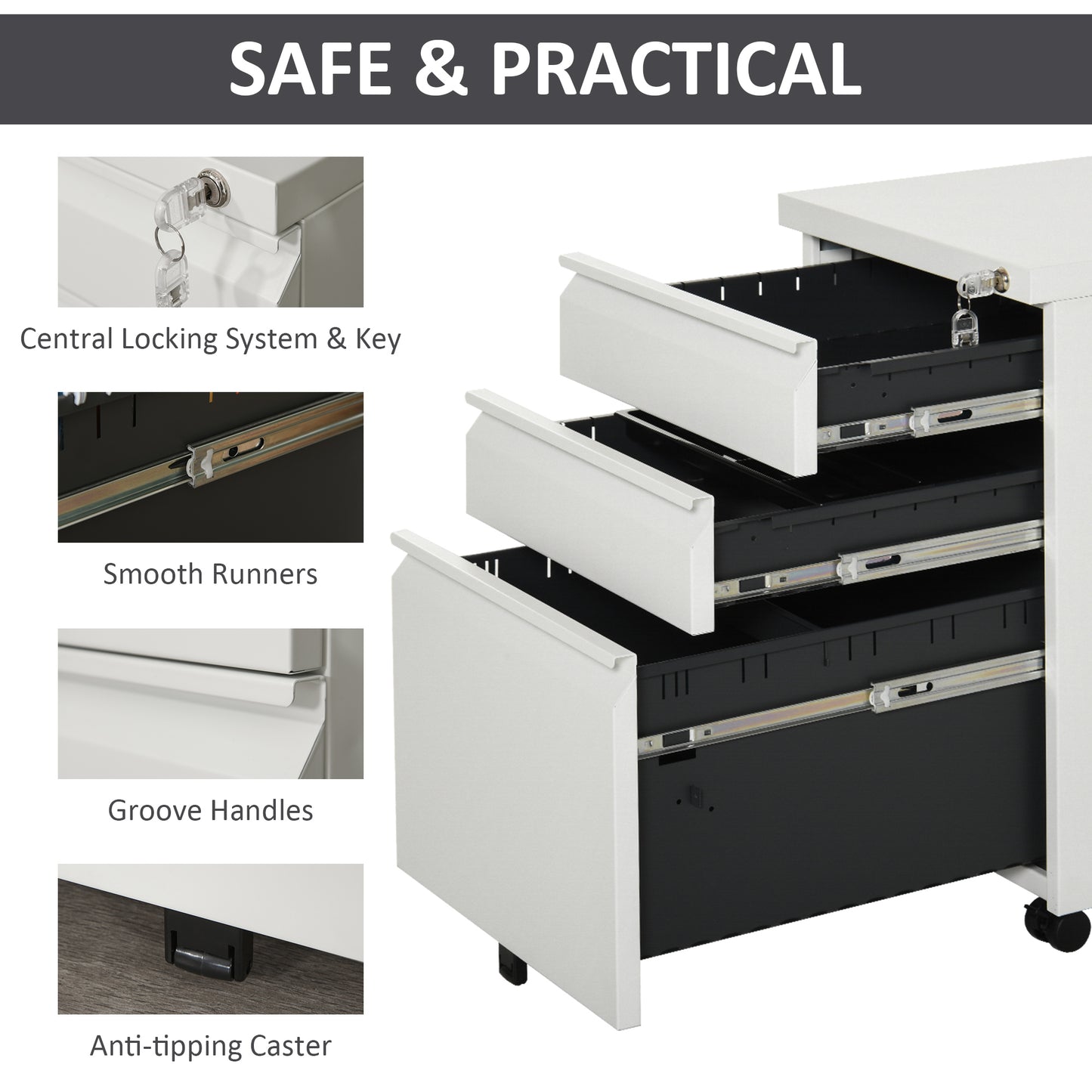 Vinsetto Metal Filing Cabinet 3 Drawer File Cabinet Lockable Mobile Vertical File Cabinet with Anti-tilt Design