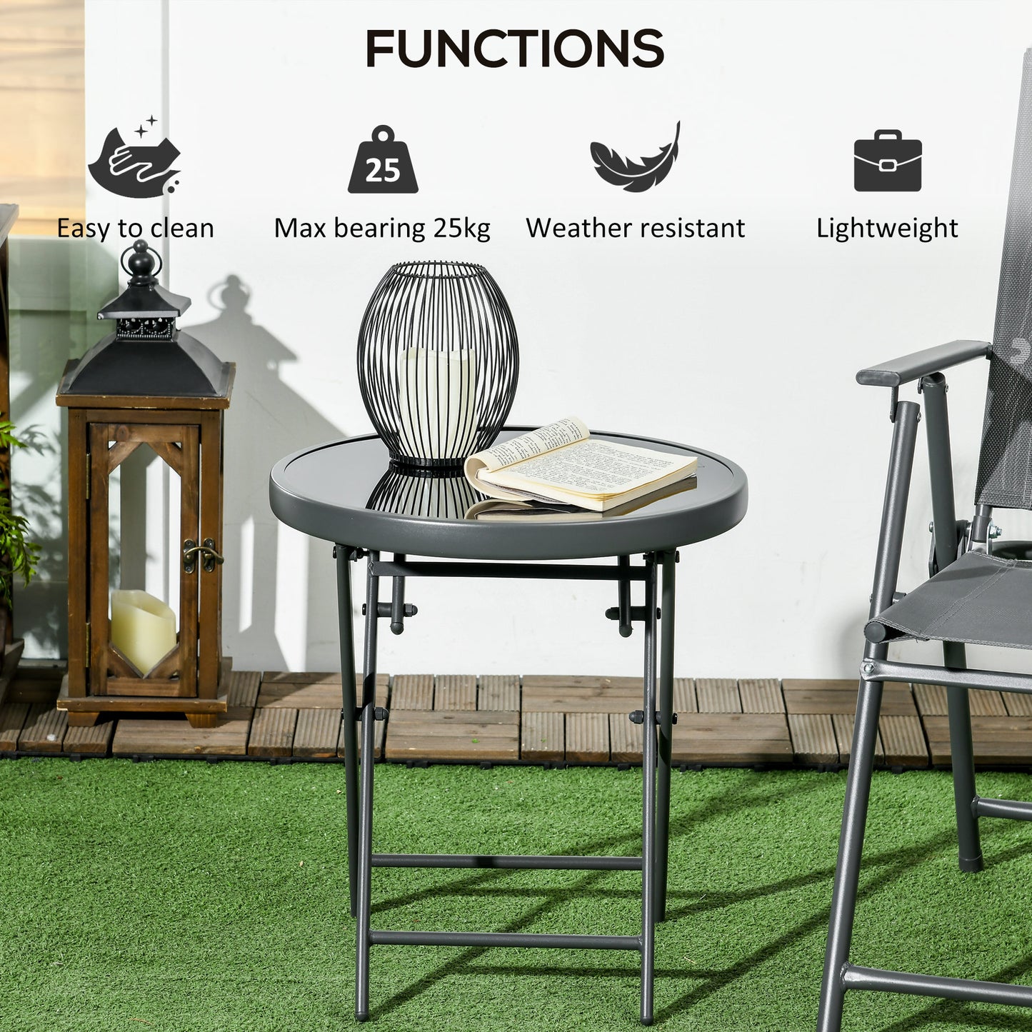 Outsunny Φ45cm Outdoor Side Table, Round Folding Patio Table with Imitation Marble Glass Top, Small Coffee Table