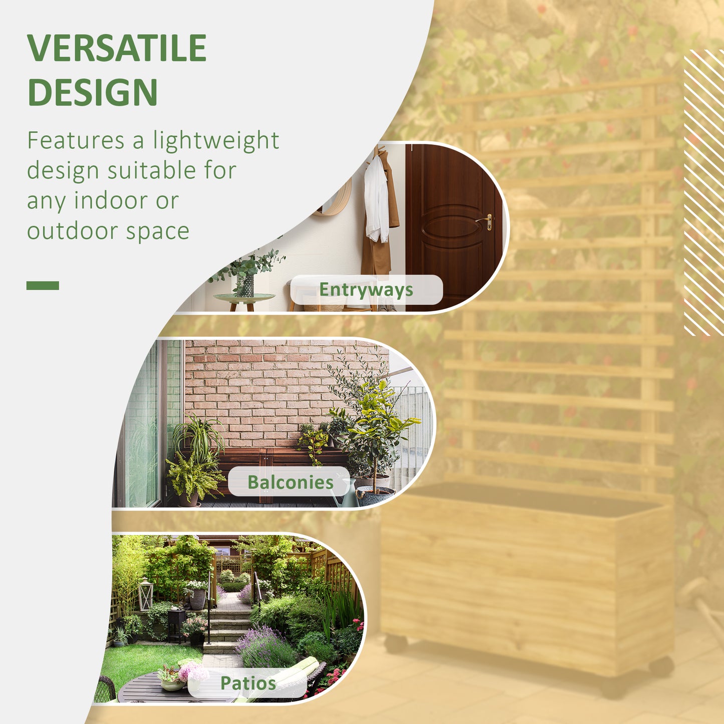 Outsunny Wooden Garden Raised Bed with Trellis, Planter Box with 4 Wheels for Climbing Plants, 76x30x155cm, Natural