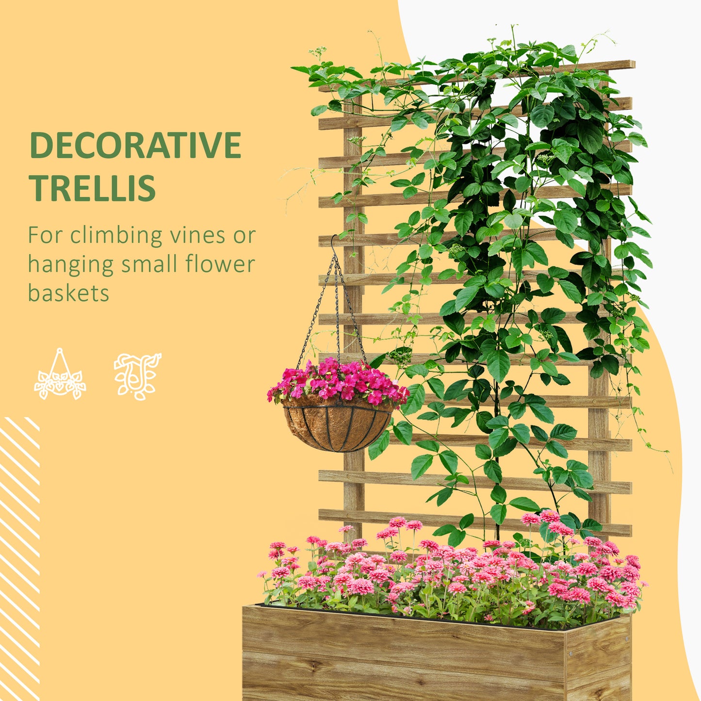 Outsunny Wooden Garden Raised Bed with Trellis, Planter Box with 4 Wheels for Climbing Plants, 76x30x155cm, Natural