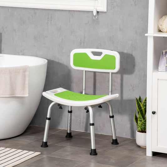 Shower Chair Seat Bathroom Stool 6-Level Height Adjustable With Backrest, Curved Seat - Green
