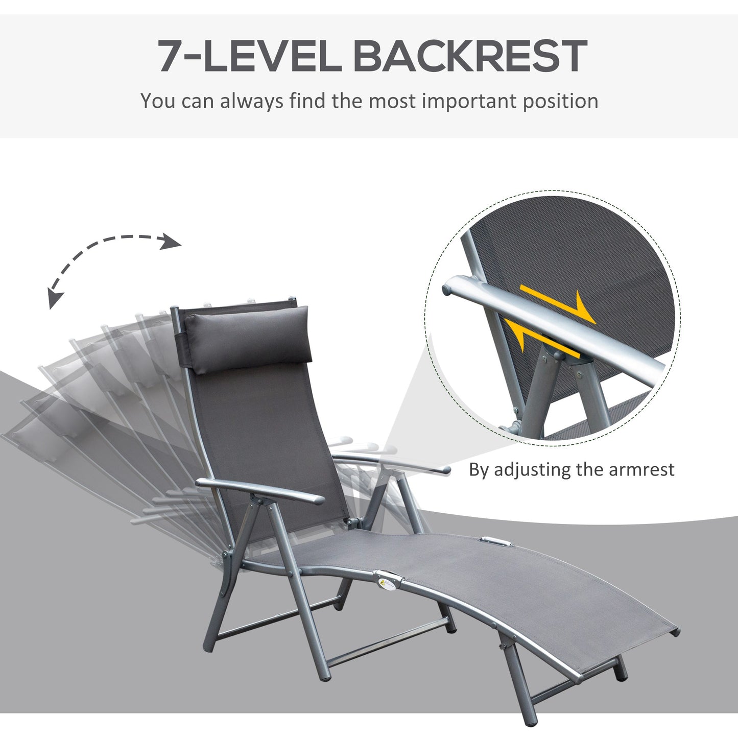 Outsunny Texteline Sun Lounger Recliner Chair Patio Foldable Garden 5 Levels Grey