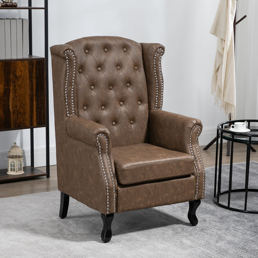 Retro Vintage Wingback Accent Chair Tufted Chesterfield-style Armchair with Nail Head Trim for Living Room Bedroom Brown