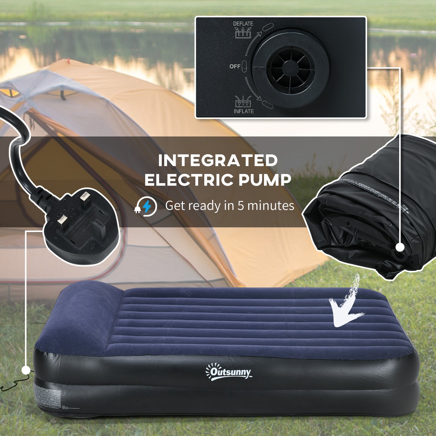 Outsunny Queen Air Bed with Built-in Electric Pump and Integrated Pillow