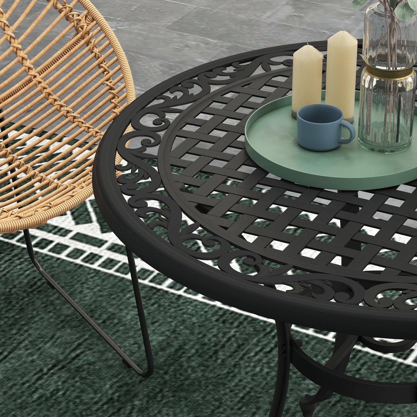 Outsunny Round Garden Table with Parasol Hole, 90cm Cast Aluminium Outdoor Dining Table for 2-4 for Balcony - Black
