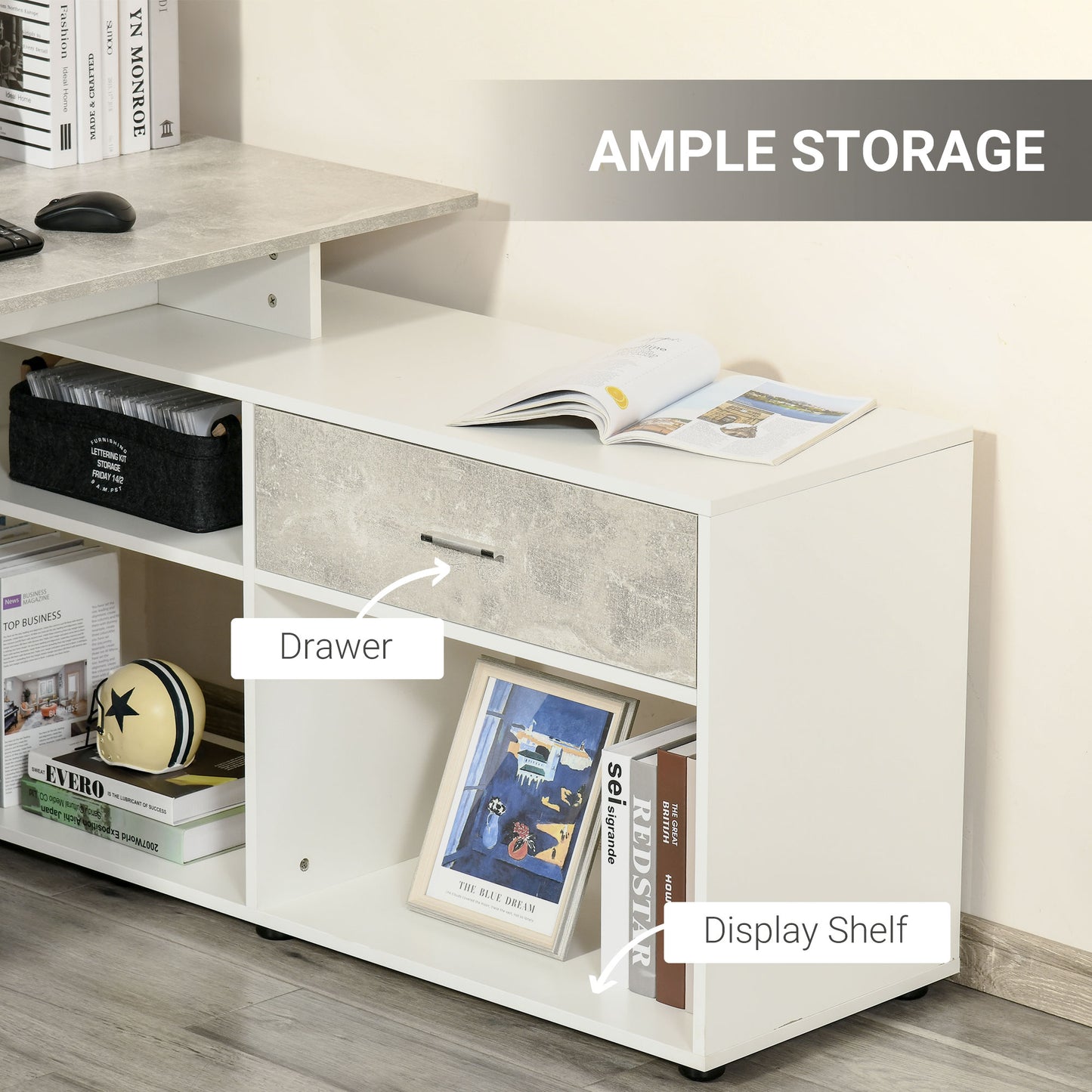 L-Shaped Computer Desk Home Office Corner Desk Study Workstation Space Saving Table with Shelves Drawer, Grey and White