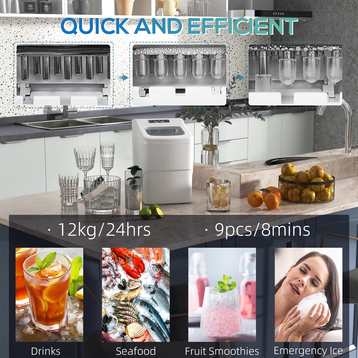 Portable Bullet Ice Cube Maker Machine Countertop, Automatic Cleaning, Visible Window Scoop And Basket For Kitchen - White