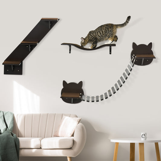 PawHut 3 Piece Wall-mounted Cats Shelves, Cat Climbing Shelf Set, Kitten Activity Center with Jumping Platforms, Ladders, Coffee Brown