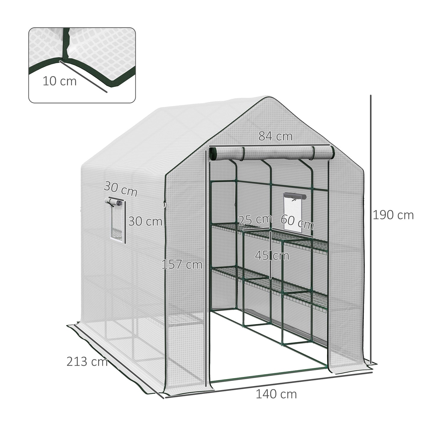 Outsunny Walk-in Greenhouse w/ 3 Tier Shelves, Green House Garden Grow House w/ PE Cover, Roll-up Door, Mesh Windows, 140 x 213 x 190cm, White
