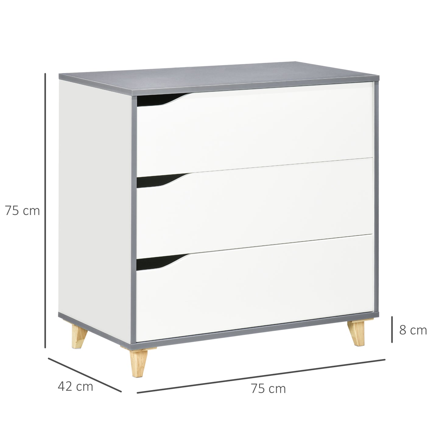 3 Drawer Chest Storage Cabinet Unit with Pine Wood Legs for Bedroom, Living Room, 75cmx42cmx75cm, White