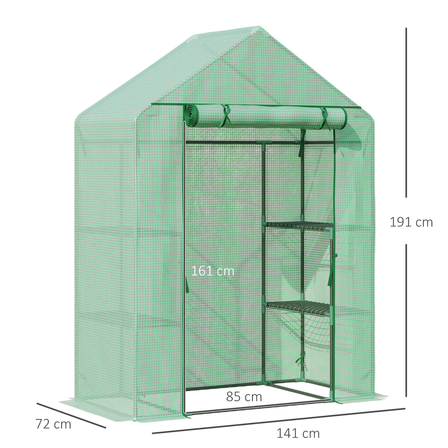 Outsunny Walk-In Greenhouse Portable Gardening Plant Grow House with 2 Tier Shelf, Roll-Up Zippered Door and PE Cover, 141 x 72 x 191 cm