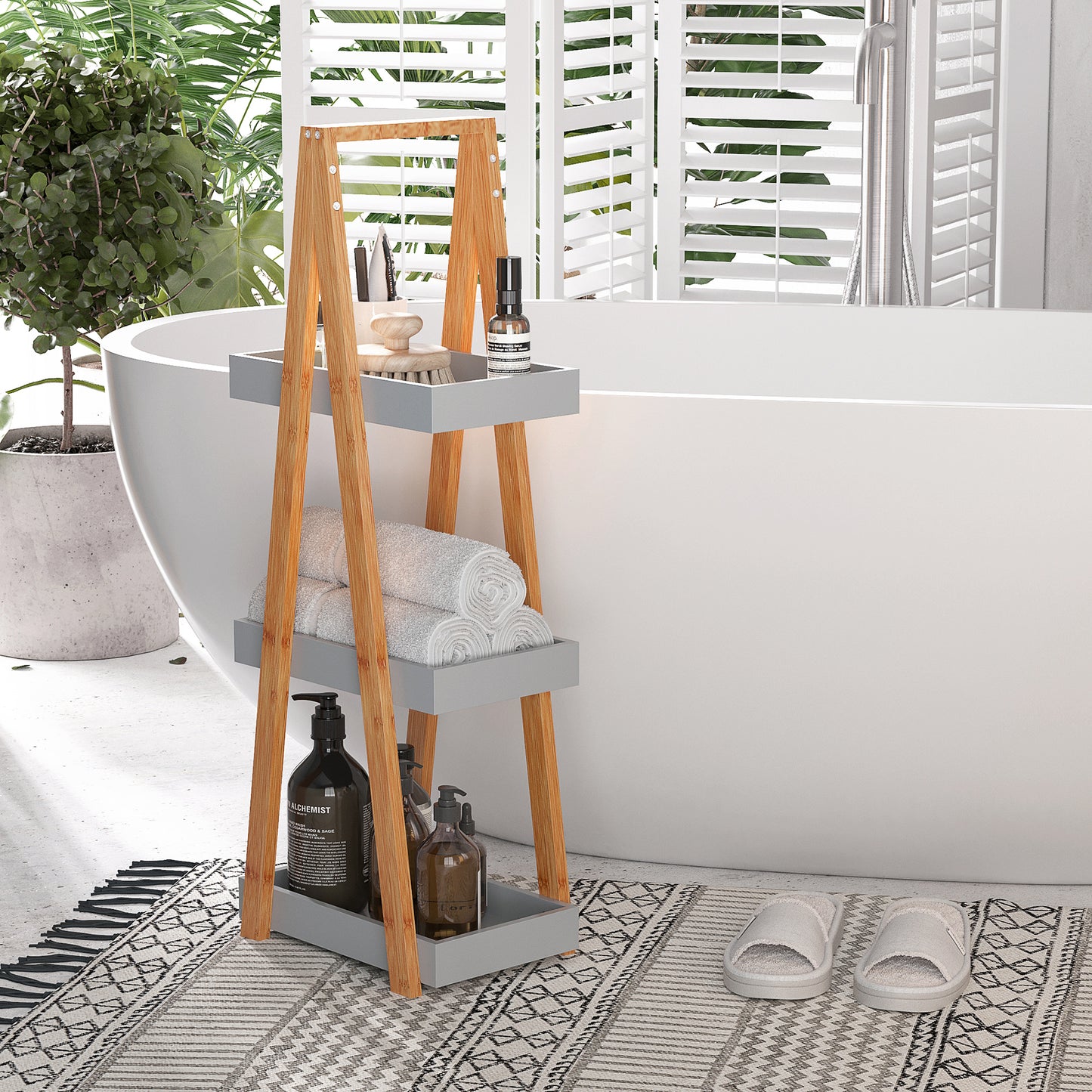 Kleankin Bathroom Storage Shelves, 3-Tier Slim Shelving Unit, Freestanding Bamboo Shelf Unit, A Frame Space Saver Toilet Rack, Natural