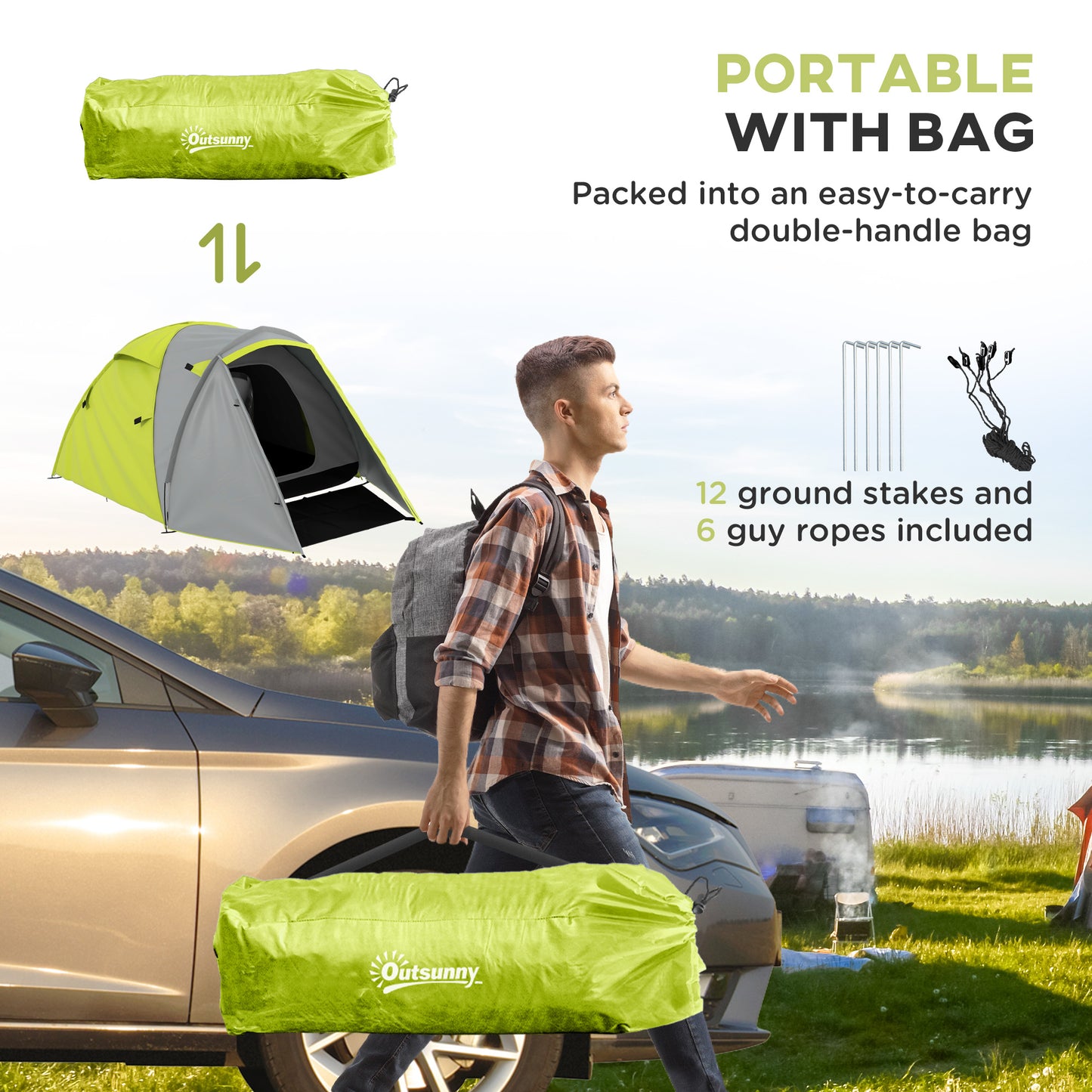 Outsunny 2-3 Man Camping Tent with 2 Rooms, 2000mm Waterproof Family Tent, Portable with Bag for Fishing Hiking Festival, Yellow