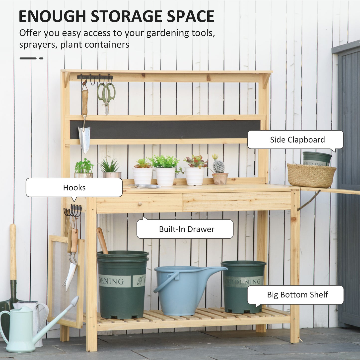 Outsunny Potting Bench Table, Garden Work Bench, Workstation with Metal Sieve Screen, Chalkboard, Hidden Sink, Drawer for Patio, Courtyards, Balcony