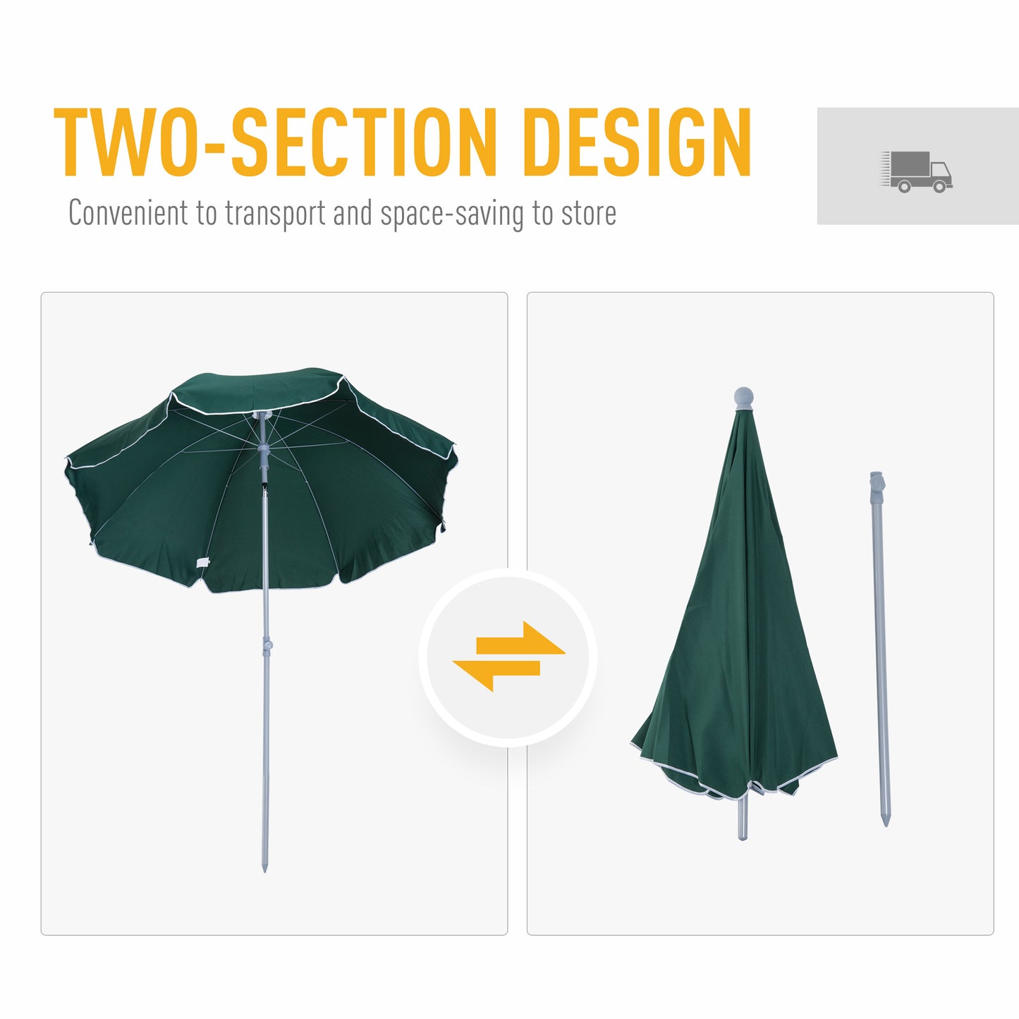 Outsunny Beach Umbrella Parasol 2.2m, Steel Dark Green