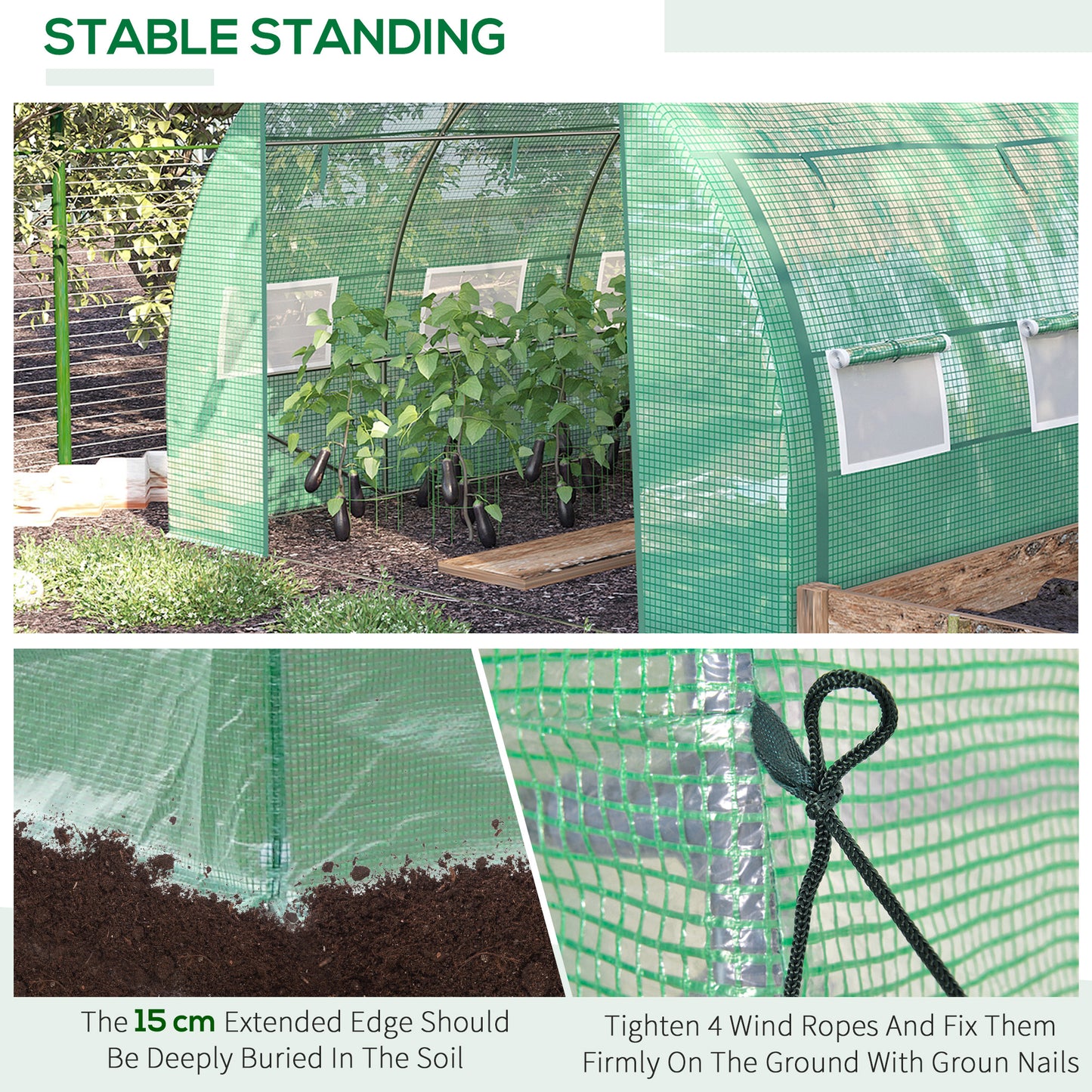 Outsunny Polytunnel Greenhouse Walk-in Grow House Tent with Roll-up Sidewalls, Zipped Door and 6 Windows, 3x3x2m Green