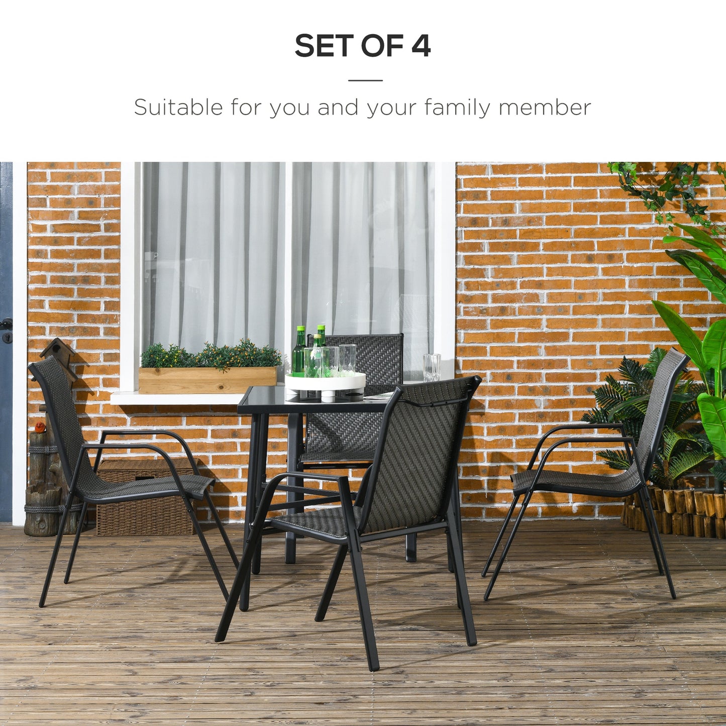 Outsunny Stackable Outdoor Rattan Chairs Set of 4 with Armrests and Backrest, Mixed Grey