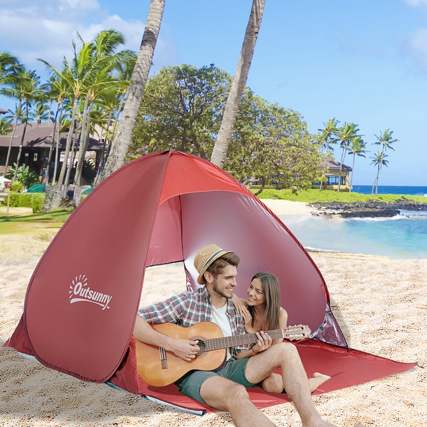 Outsunny Pop-up Portable Beach Hiking UV Protection Patio Sun Shade Shelter Tent for 2-3 Person-Red