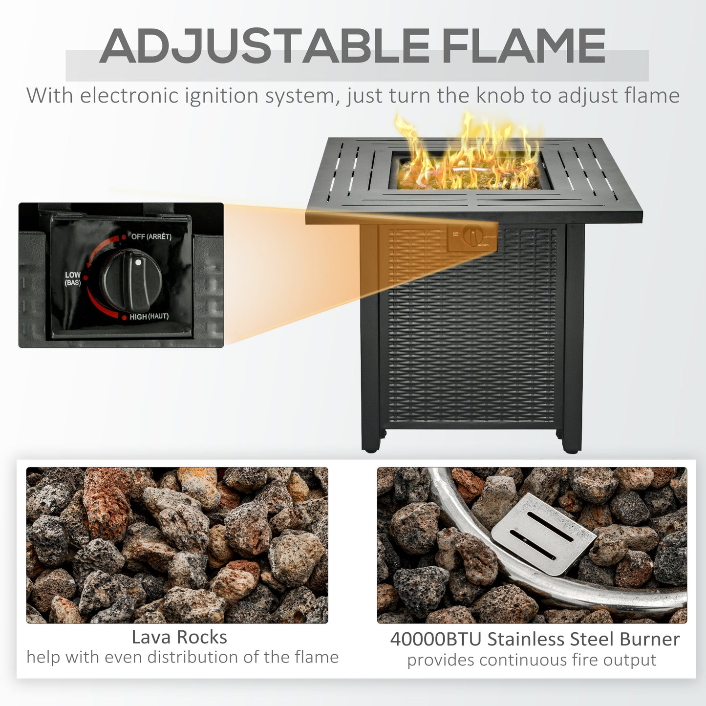 Outsunny Square Propane Gas Fire Pit Table, 40000 BTU Rattan Smokeless Firepit Patio Heater w/ Protective Cover, Lava Rocks and Lid, 71x71x62cm, Black