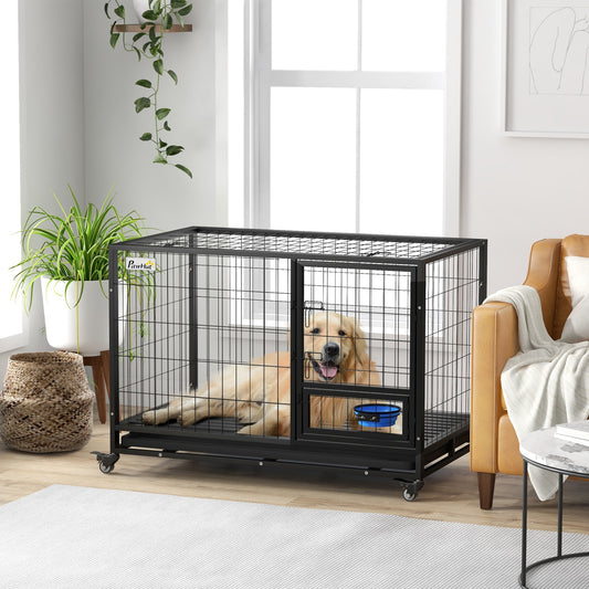 PawHut 48" Heavy Duty Dog Crate on Wheels w/ Bowl Holder, Removable Tray, Detachable Top, Double Doors for L, XL Dogs
