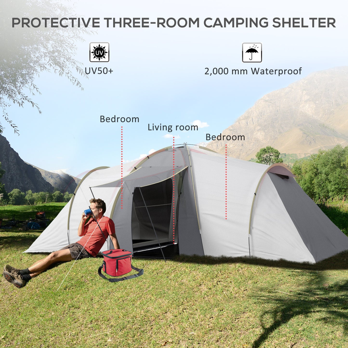 Outsunny 4-6 Man Tunnel Tent Camping Tent with 2 Bedroom, Vestibule, Bag, 2000mm Waterproof, UV50+ for Fishing, Hiking, Festival