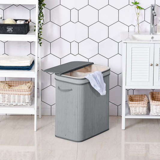 Natural Wood Laundry Basket One Compartment w/Flip Lid Removable Lining Handles Board Base Durable Water-Resistant Dirty Clothes Grey 100L
