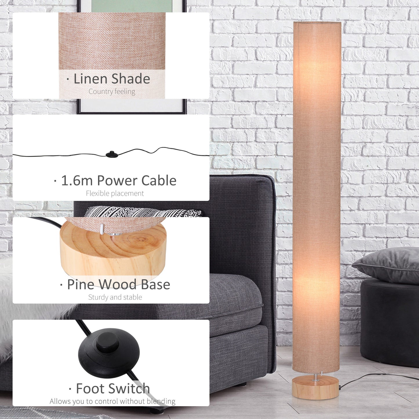 47-Inch Modern Wooden Floor Lamp for Bedroom, Study or Living Space with Fabric Linen Shade (Beige) 120 CM