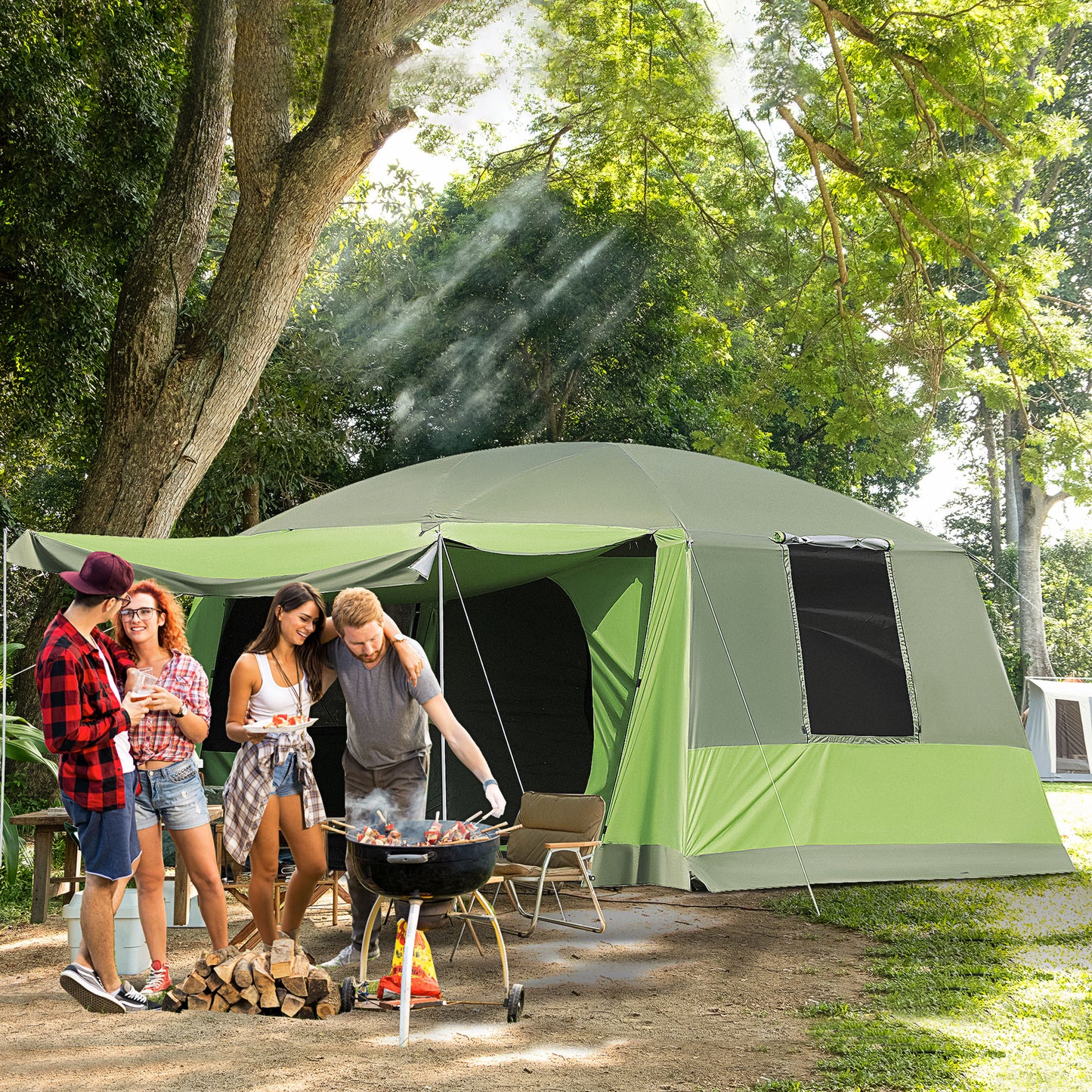 Outsunny Two Room Dome Tent w/ Porch for 4-8 Man, Camping Backpacking Shelter w/ Mesh Windows, Zipped Doors, Lamp Hook & Portable Carry Bag