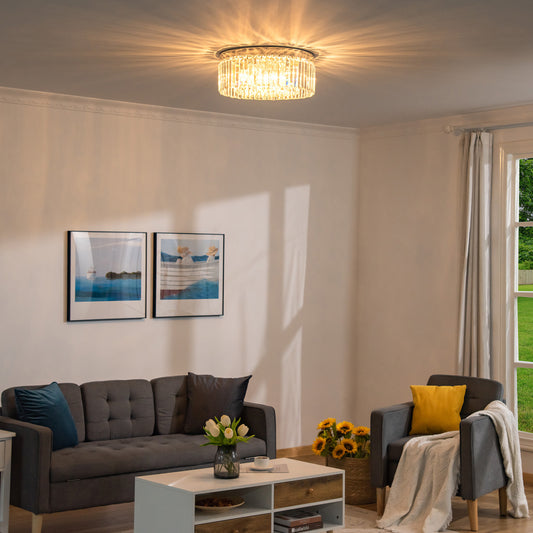 Crystal Ceiling Light Modern Chandeliers w/ Stainless Steel Base 10 Lights Elegant Flush Mount Ceiling Lighting for Living Room, Hallway, Bar