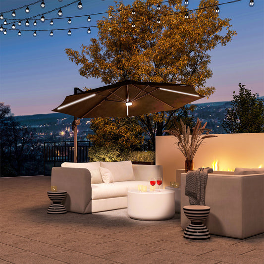 Outsunny 3(m) LED Cantilever Parasol Outdoor Sun Umbrella w/ Base Solar Lights Dark Grey