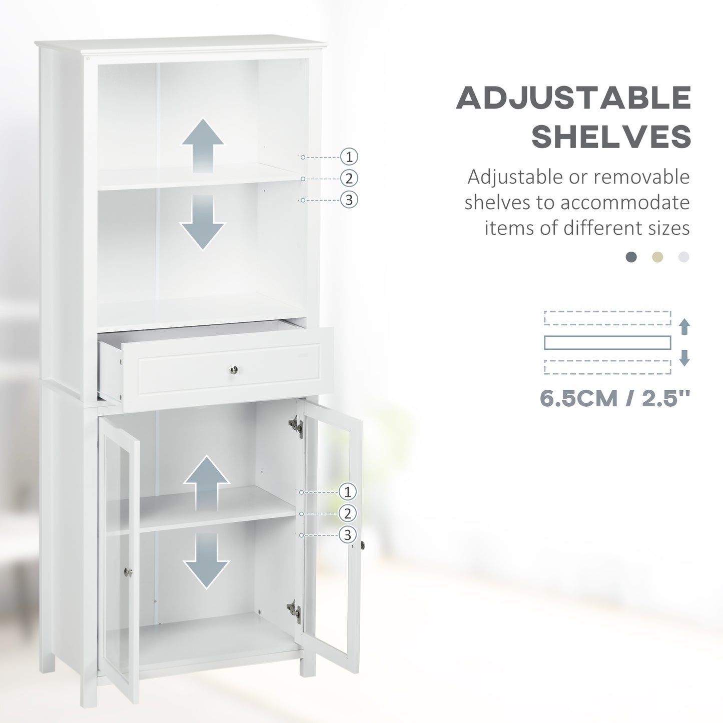 Kitchen Cupboard, Pantry Storage Cabinet w/ Tempered Glass Doors, Drawer, Open Shelf, Adjustable Shelves, 181.5 cm, White