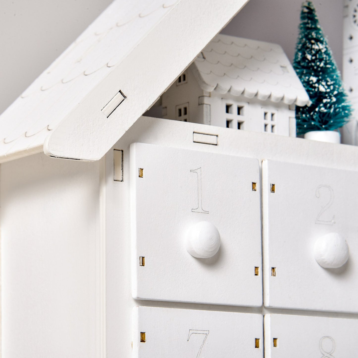 Christmas Advent Calendar, Light Up Table Wooden House Holiday Decoration With Countdown Drawer, Village, For kids Adults, White