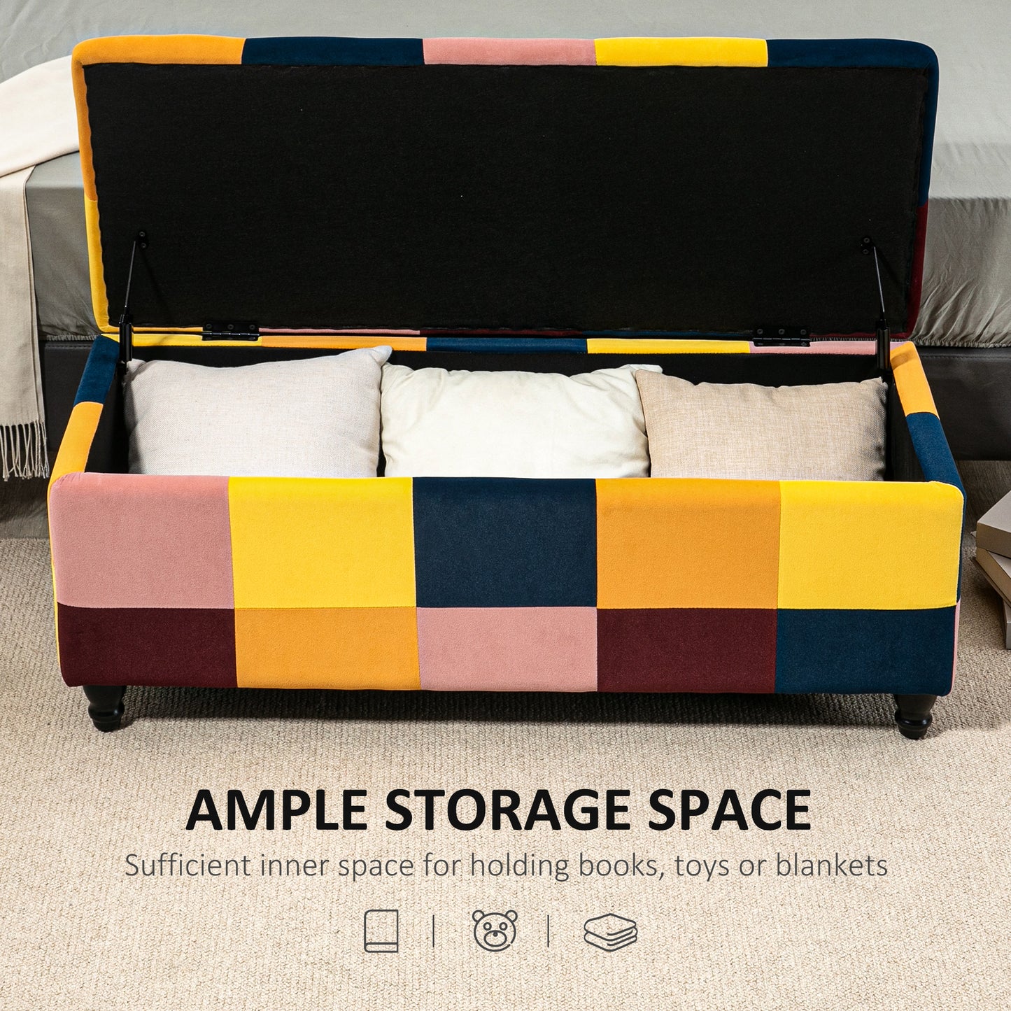 Velvet Storage Ottoman, Button-tufted Footstool Box, Toy Chest with Lid for Living Room, Bedroom, Multicoloured 114 x 47 x 47cm