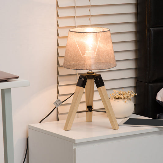 Wooden Tripod Table Lamp for Side, Desk or End Table with E27 Bulb Base(Grey Shade)