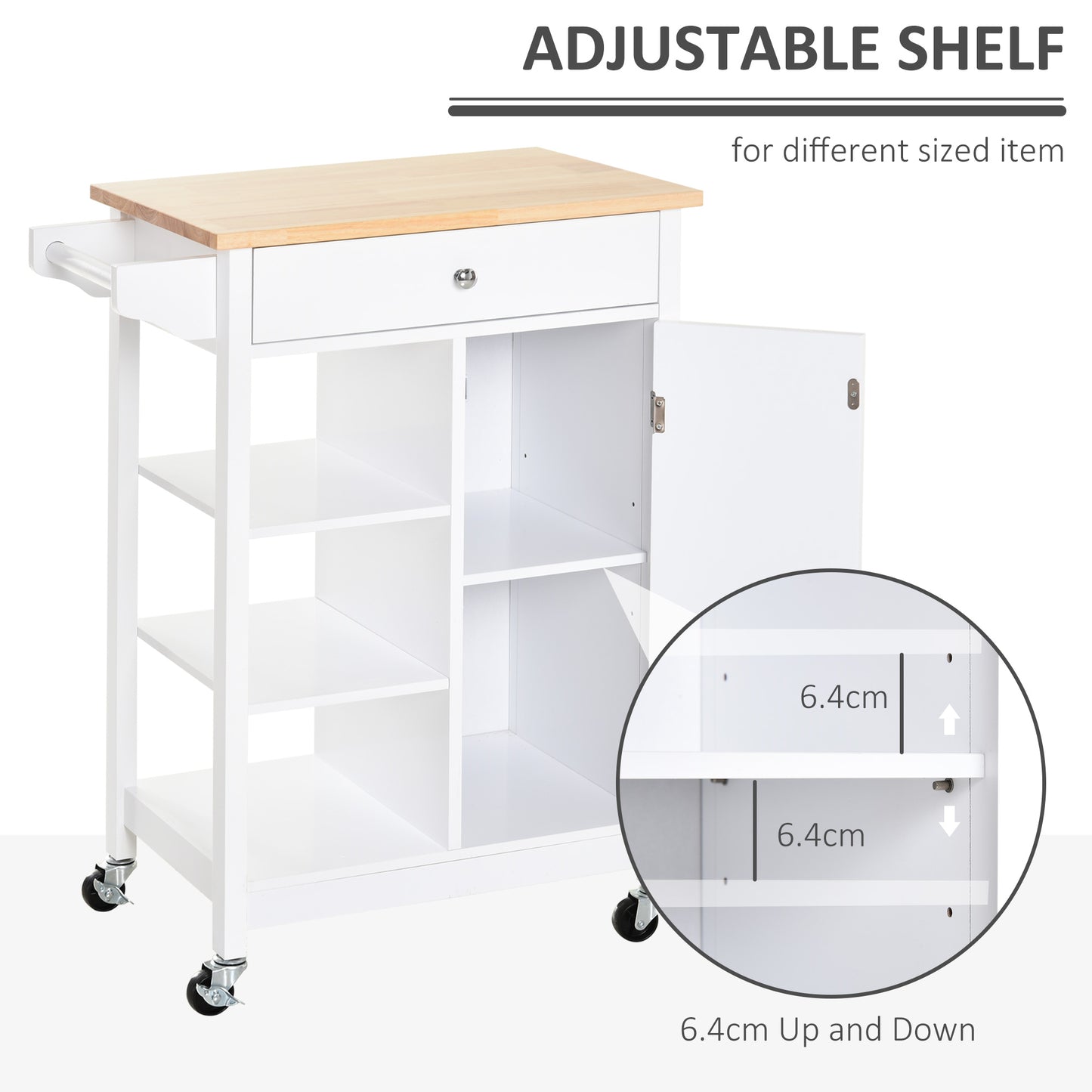 Kitchen Storage Trolley Unit w/ Wood Top 3 Shelves Cupboard Drawer Rail 4 Wheels Handles Moving Shelf Handy Spacesaver White