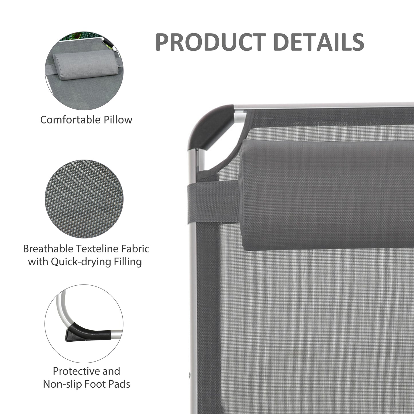 Outsunny Foldable Garden Lounger Camping Bed Cot w/ Pillow 5-Level Adjustable Back Aluminium Frame, 76H x 170L x 60W Grey