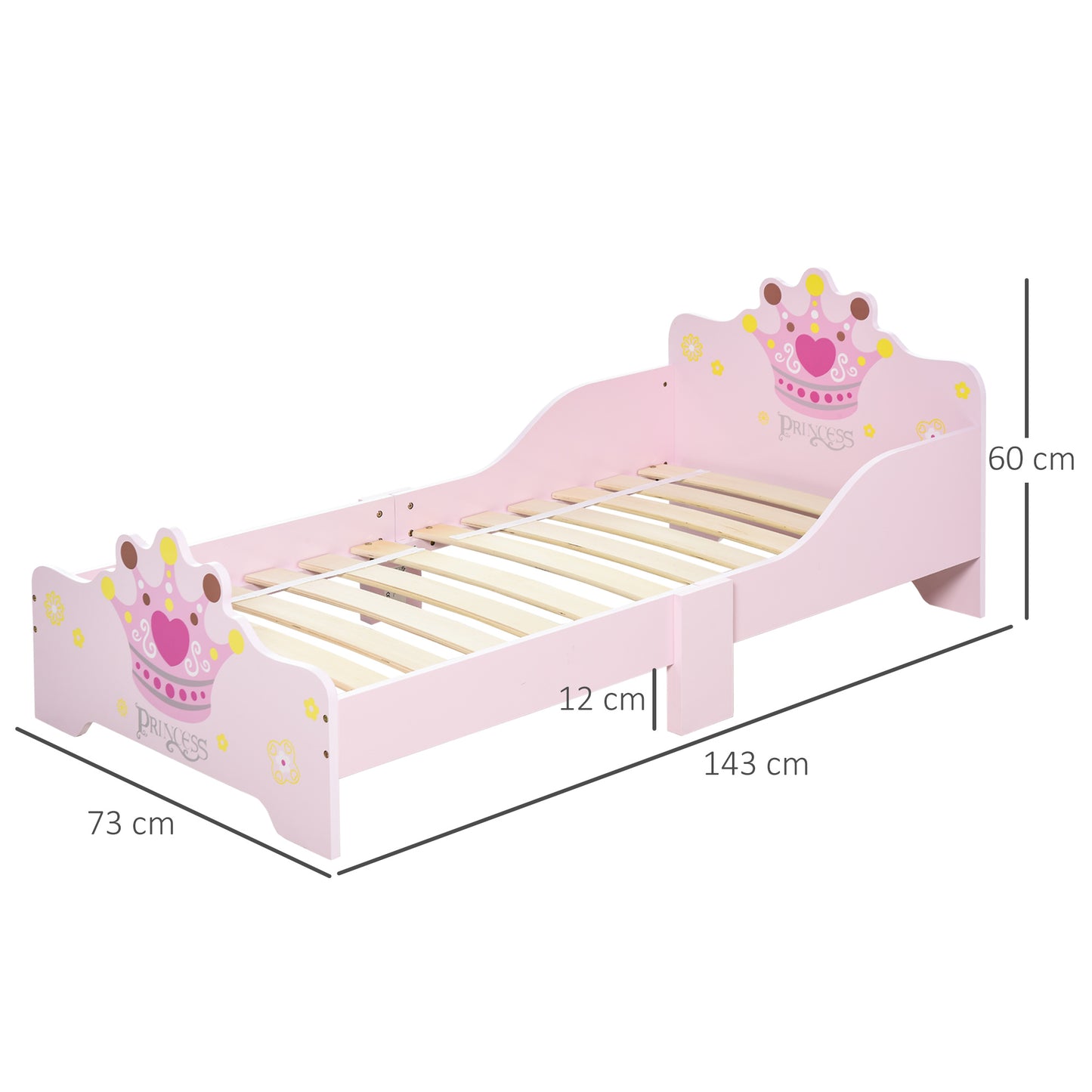 Kids Wooden Bed with Crown Modelling Safety Side Rails Easy to Clean Perfect Gift for Toddlers Girls Age 3 to 6 Years Old Pink