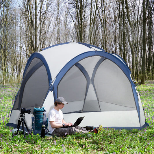 Outsunny Dome Tent for 6-8 Person, Camping Tent with 4 Zipped Mesh Doors, Removable Polyester Cloth, Lamp Hook, Portable Carry Bag, White and Blue