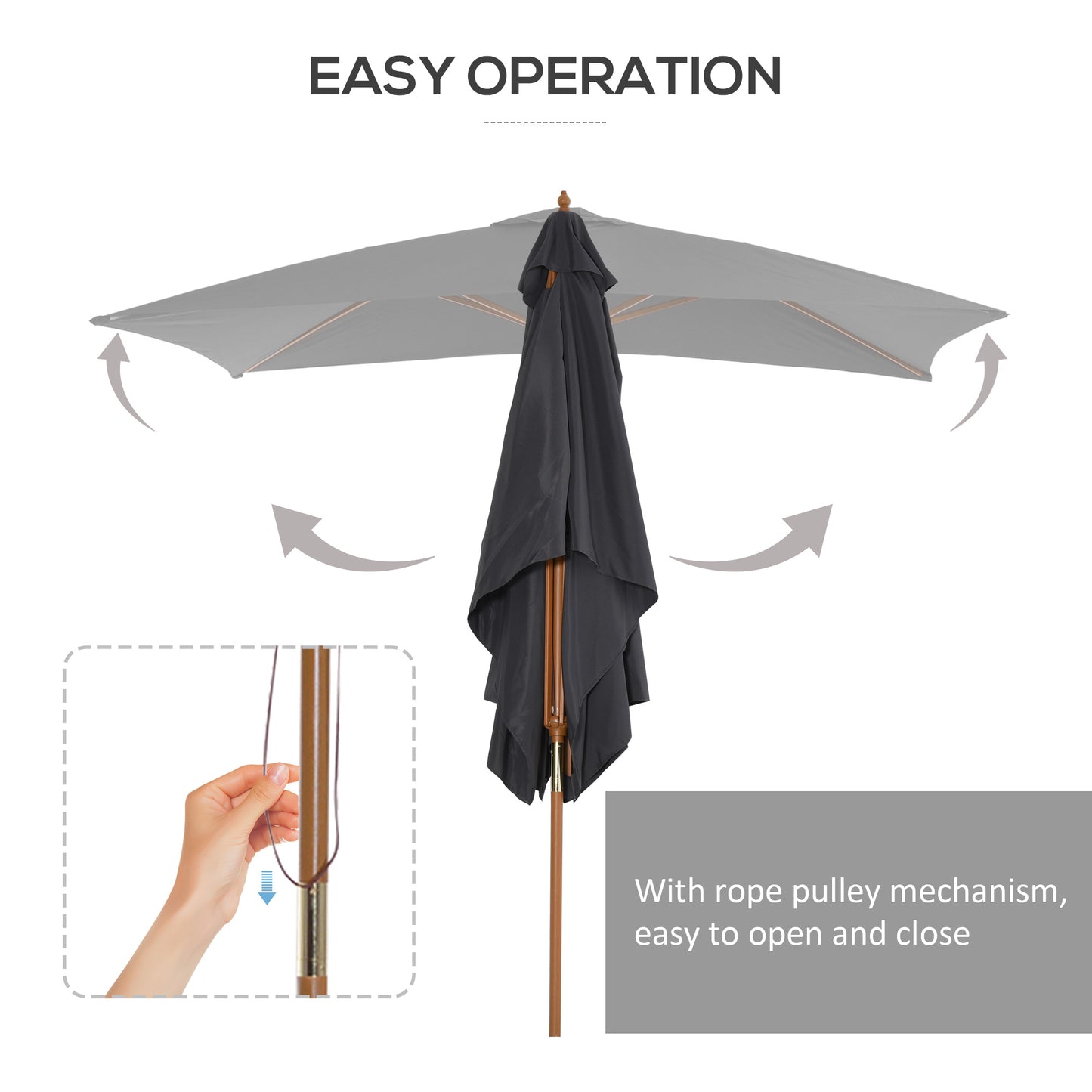 Outsunny Wooden Garden Parasol Umbrella Outdoor Sun Shade Canopy, Dark Grey,2 x 3m
