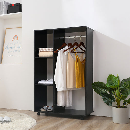 Open Wardrobe With Hanging Rail, Storage Shelves And Wheels Bedroom - Black
