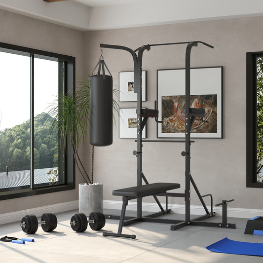 Home Gym Power Tower with Bench and Punching Bag, Multi-Function Adjustable Dip Sit Up Workout Station Equipment Heavy Duty for Home