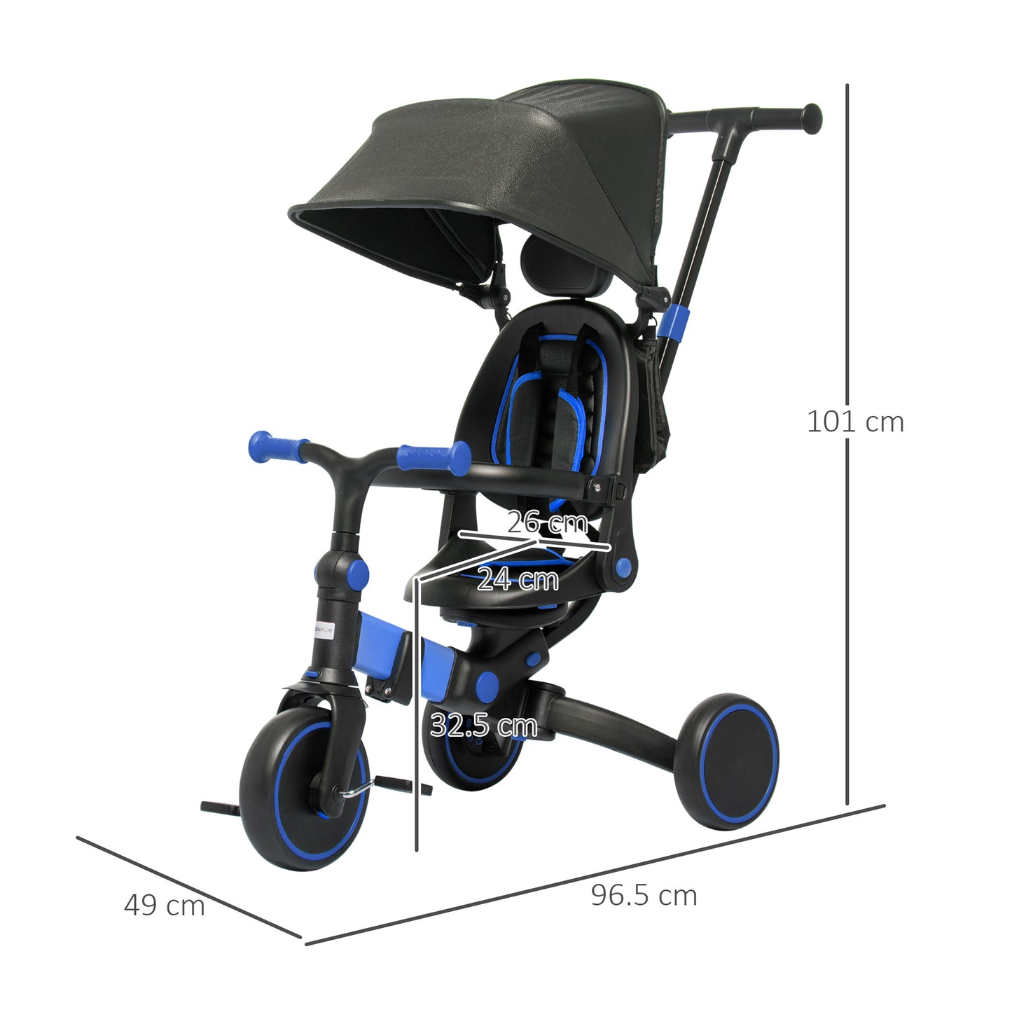 AIYAPLAY 3-in-1 Tricycle for Kids with Aluminium Frame, Baby Trike with Adjustable Push Handle, Canopy and Seat Angle for 18-48 Months, Blue