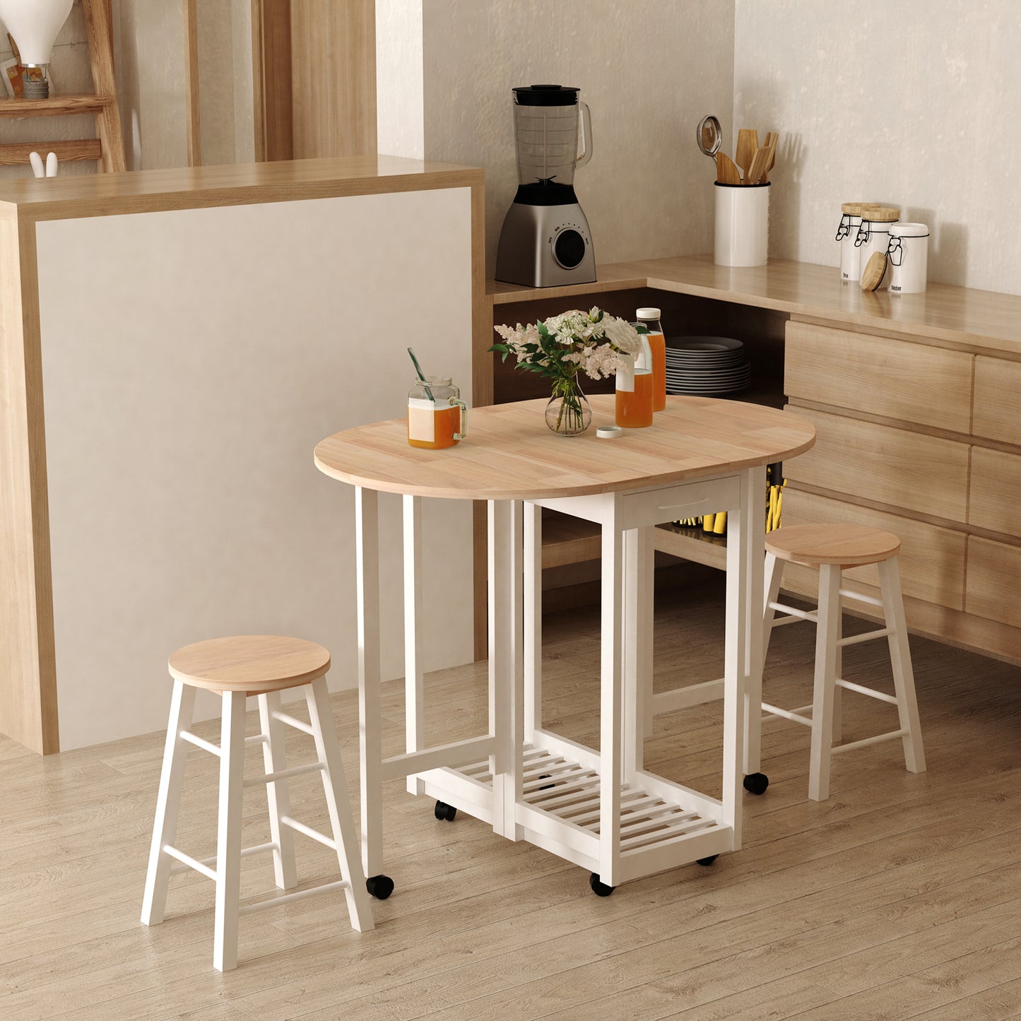 3 Piece Wooden Kitchen Cart Mobile Rolling Trolley Folding Bar Table Two Stools Dining Chair Storage Shelf w/2 Drawers & 6 Wheels