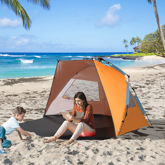 Outsunny Pop Up Beach Tent, Easy Set Up Sun Shelter, Portable Instant Beach Canopy w/ Extended Porch, Sandbags, Mesh Screen Windows for 1-2 Person