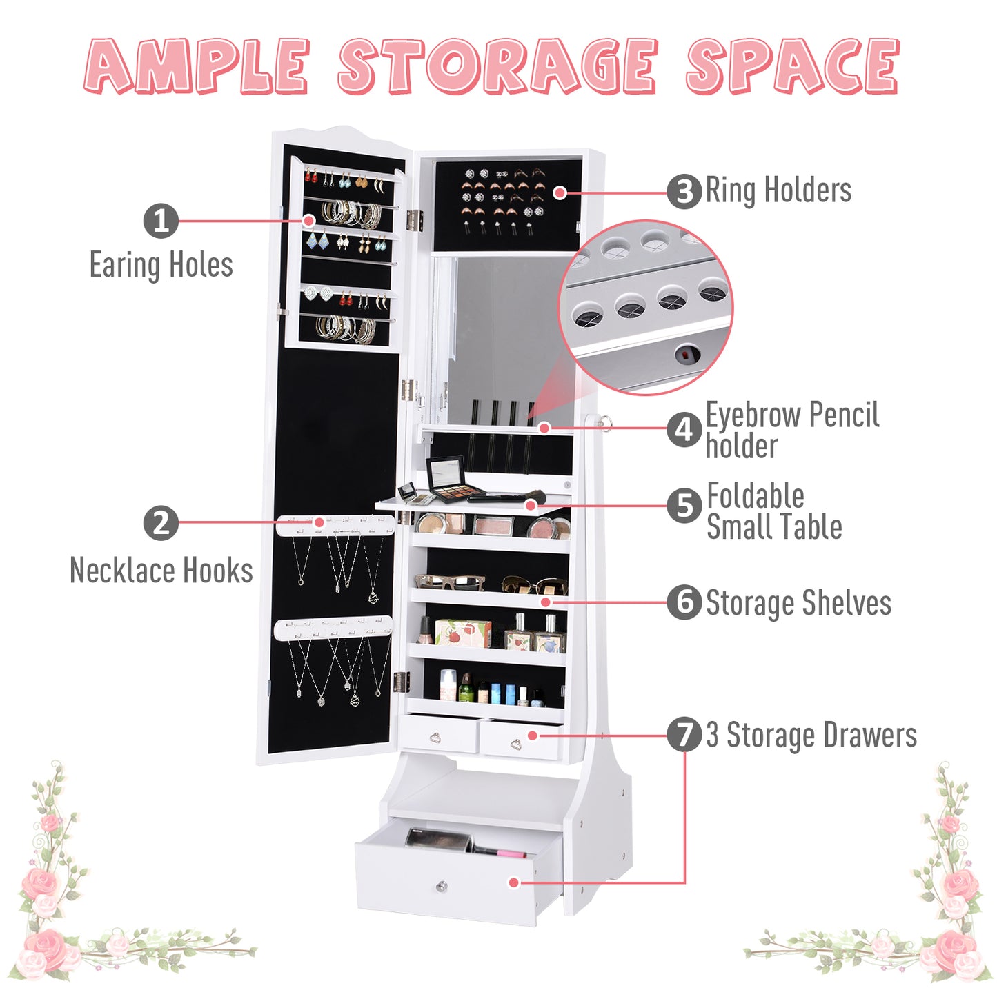 Jewellery Cabinet with led, Mirror Cabinet Armoire Floor Standing Flip-over Makeup Shelf Organizer with lock white